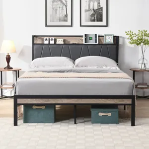 Queen Size Metal Platform Bed Frame With Upholsteryolstery Storage Function Headboard And USB Liner 