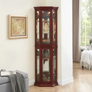 Corner Curio Cabinet With Lights, Adjustable Tempered Glass Shelves, Mirrored Back, Display Cabinet 