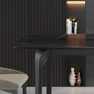 63\" Artificial Stone Black Curved Black Metal Leg Dining Table, 6 People - Black