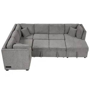 U-Shaped Sectional Sofa Pull Out Sofa Bed With Two USB Ports, Two Power Sockets, Three Back Pillows 
