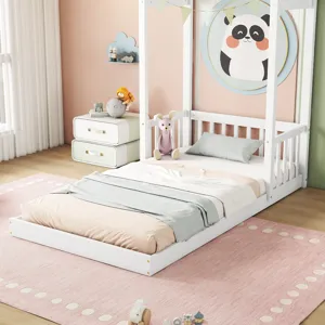 Twin House-Shaped Roof Headboard Floor Bed, (Without Slats) - White