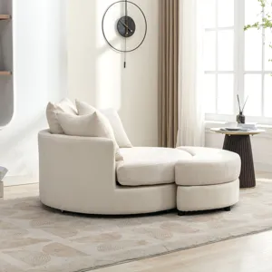 360° Swivel Accent Barrel Chair With Storage Ottoman & 4 Pillows, Modern Chenille Leisure Chair Round Accent For Living Room - Cream