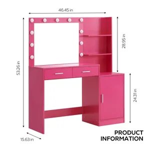 Vanity Desk With Mirror And Lights, 46.4In Dressing Table With 2 Large Drawer & Large Vertical Organ