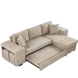 Modern L-Shape 3 Seat Reversible Sectional Couch, Pull Out Sleeper Sofa With Storage Chaise And 2 St