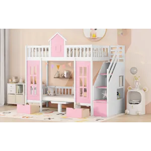 Twin Over Twin Bunk Bed With Changeable Table, Bunk Bed Turn Into Upper Bed And Down Desk - Pink