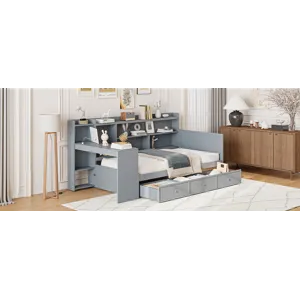 Twin Size Wooden Daybed With 3 Drawers, USB Ports And Desk - Gray