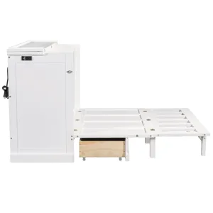 Full Solid Pine Murphy Bed Chest Cube Cabinet Bed With Charging Station And Large Storage Drawer For