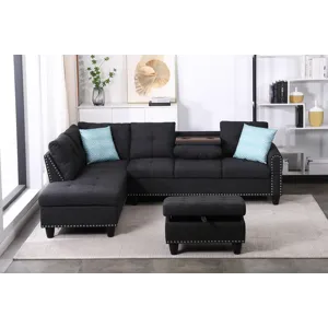 Alger - 98" Wide Left Hand Facing Sofa & Chaise With Ottoman - Charcoal Grey