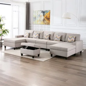 Nolan - Linen Fabric 6 Piece Double Chaise Sectional Sofa With Interchangeable Legs, Storage Ottoman