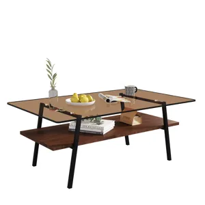 Rectangle Coffee Table, Tempered Glass Tabletop With Metal Legs, Modern Table For Living Room - Brow