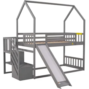 Twin Over Twin House Bunk Bed With Convertible Slide, Storage Staircase Can Be Placed Left Or Right 