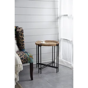 Round Side Table With Wood Top, End Table For Living Room Bedroom - Black Brown