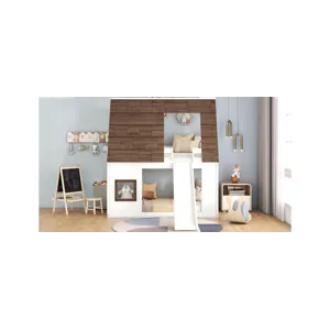 Wood Twin Size House Bunk Bed With Roof, Ladder And Slide - White / Brown