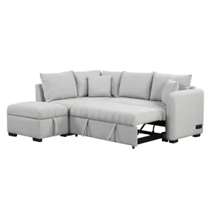 L-Shaped Sectional Pull Out Sofa Bed Sleeper Sofa With Two USB Ports, Two Power Sockets And A Movabl