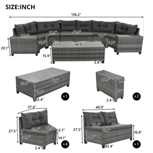 8 Pieces Outdoor Wicker Round Sofa Set, Half-Moon Sectional Sets All Weather, Curved Sofa Set With R