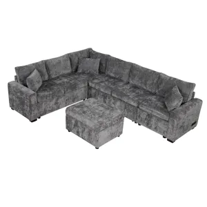 Sectional Sofa Pull-Out Sofa Bed Sleeper With A Storage Ottoman, Three Pillows And Charging Devices 