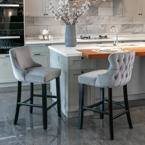 Contemporary Velvet Upholstered Wing-Back Barstools With Button Tufted Decoration And Wooden Legs, A