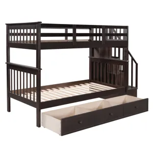 Stairway Twin Over Twin Bunk Bed With Three Drawers For Bedroom, Dorm - Espresso