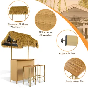 Hawaiian-Style Bar Height Patio Set With PE Grass Canopy, Outdoor Bar Table And Stools With Adjustab