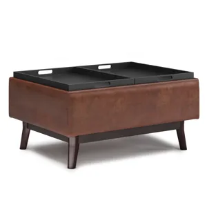 Owen - Tray Top Small Coffee Table Storage Ottoman - Distressed Saddle Brown