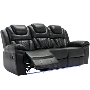 Home Theater Seating Manual Recliner Chair With Center Console And Led Light Strip For Living Room -