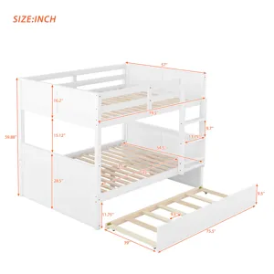 Full Over Full Bunk Bed With Twin Size Trundle - White