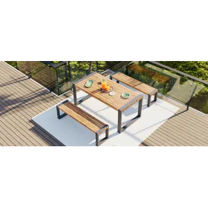 3 Pieces Outdoor Dining Table With 2 Benches, Patio Dining Set With Unique Top Texture, Acacia Wood 