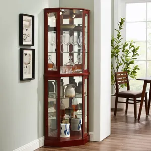 6 Shelf Corner Curio Display Cabinet With Lights, Mirrors And Adjustable Shelves (E26 Light Bulb Not Included) - Cherry