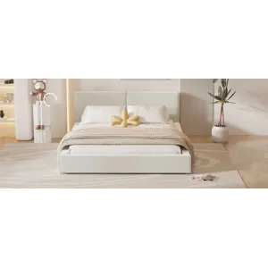 Queen Size Upholstered Platform Bed With , Grounded Bed With Solid Frame - Beige