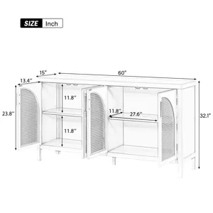 Large Storage Space Sideboard With Artificial Rattan Door And Metal Handles For Living Room And Entr