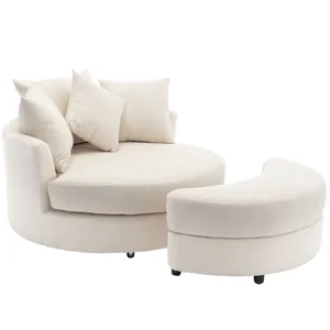 360° Swivel Accent Barrel Chair With Storage Ottoman & 4 Pillows, Modern Chenille Leisure Chair Round Accent For Living Room - Cream