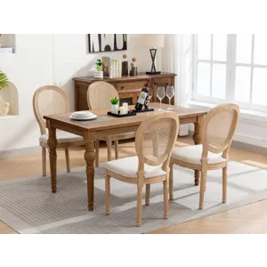 French Style Solid Wood Frame Antique Painting Linen Fabric Rattan Back Dining Chair (Set of 2) - Cr
