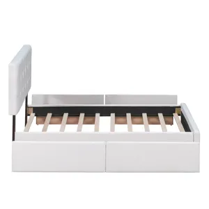 Queen Size Upholstered Platform Bed With Classic Headboard And 4 Drawers, No Box Spring Needed - Whi