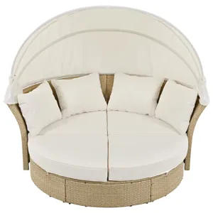 Outdoor Patio Daybed Wicker Rattan Double Daybed Round Sofa Furniture Set With Retractable Canopy, 4
