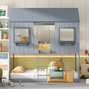 78\" Twin Over Twin Bunk Bed Wood Bed With Roof, Window, Guardrail, Ladder - Gray