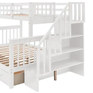 Twin Over Full Stairway Bunk Bed With Drawer, Storage And Guard Rail For Bedroom, Dorm, For Adults -