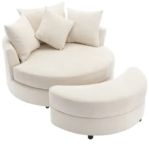360° Swivel Accent Barrel Chair With Storage Ottoman & 4 Pillows, Modern Chenille Leisure Chair Round Accent For Living Room - Cream