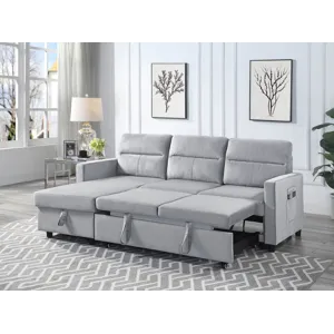 Ruby - Velvet Reversible Sleeper Sectional Sofa With Storage Chaise And Side Pocket - Light Gray
