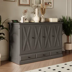 Full Solid Pine Murphy Bed Chest Cube Cabinet Bed With Charging Station And Large Storage Drawer For