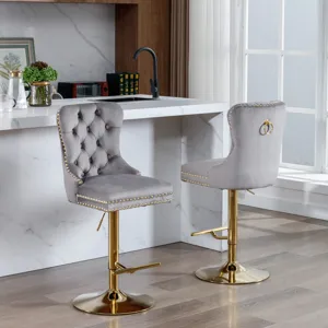 Thick Golden Swivel Velvet Barstools Adjusatble Seat Height From 25-33\", Modern Upholstered Bar Sto