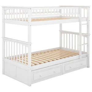 Twin Over Twin Bunk Bed With Drawers, Convertible Beds - White