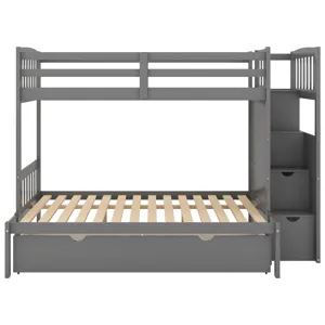 Twin Over Full / Twin Bunk Bed, Convertible Bottom Bed, Storage Shelves And Drawers - Gray