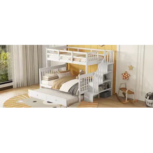 Twin Over Full Bunk Bed With Twin Size Trundle, Storage And Guard Rail For Bedroom, Dorm, For Adults