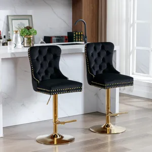 Thick Golden Swivel Velvet Barstools Adjusatble Seat Height From 27-35\", Modern Upholstered Bar Sto