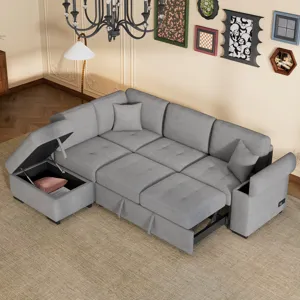 Sleeper Sectional Sofa, L-Shape Corner Couch Sofa - Bed With Storage Ottoman & Hidden Arm Storage & 