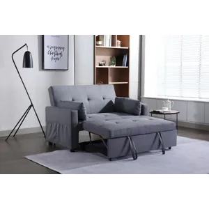 2 Seaters Slepper Sofa Bed Linen Fabric 3-In-1 Convertible Sleeper Loveseat With Side Pocket - Dark 