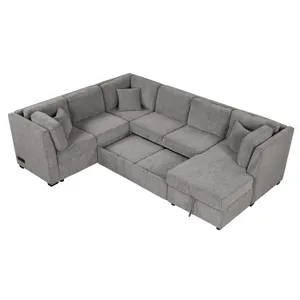 U-Shaped Sectional Sofa Pull Out Sofa Bed With Two USB Ports, Two Power Sockets, Three Back Pillows 