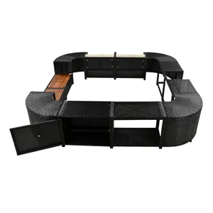 Spa Surround Spa Frame Quadrilateral Outdoor Rattan Sectional Sofa Set With Mini Sofa, Wooden Seats 