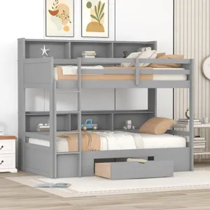 Twin Size Bunk Bed With Built-In Shelves Beside Both Upper And Down Bed And Storage Drawer - Gray