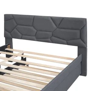 Full Size Upholstered Platform Bed With Brick Pattern Headboard And Twin Size Trundle, Linen - Gray